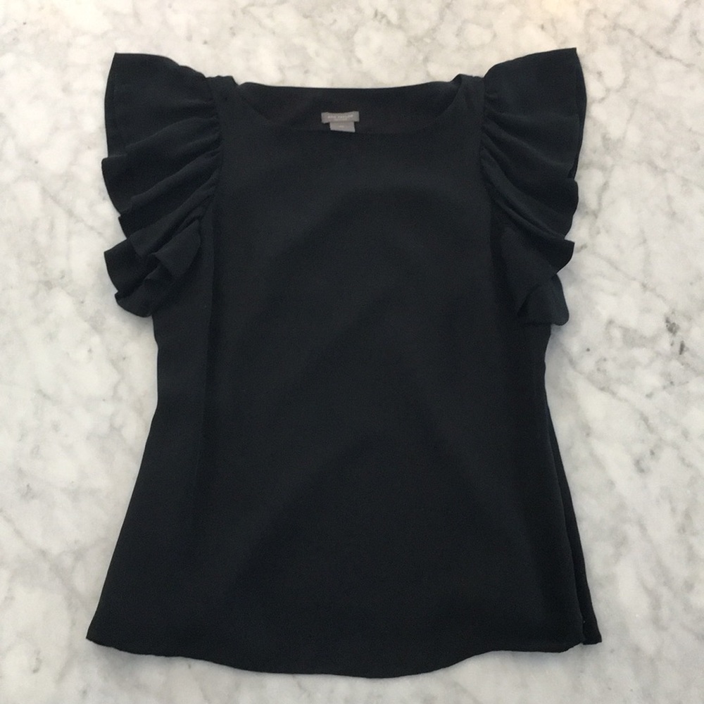 Ann Taylor Petites Silk Flutter Sleeve Black Top.